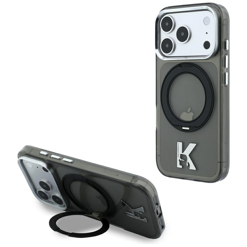 Husa MagSafe pentru Apple iPhone 18 Pro / 17 Pro, Karl Lagerfeld, IML Ring Stand Kameo Metal, Neagra