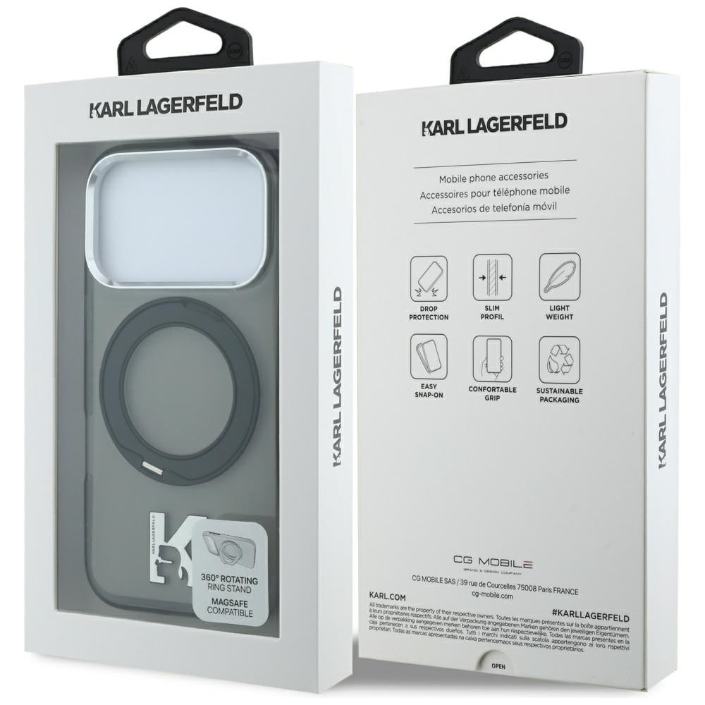 Husa MagSafe pentru Apple iPhone 18 Pro / 17 Pro, Karl Lagerfeld, IML Ring Stand Kameo Metal, Neagra
