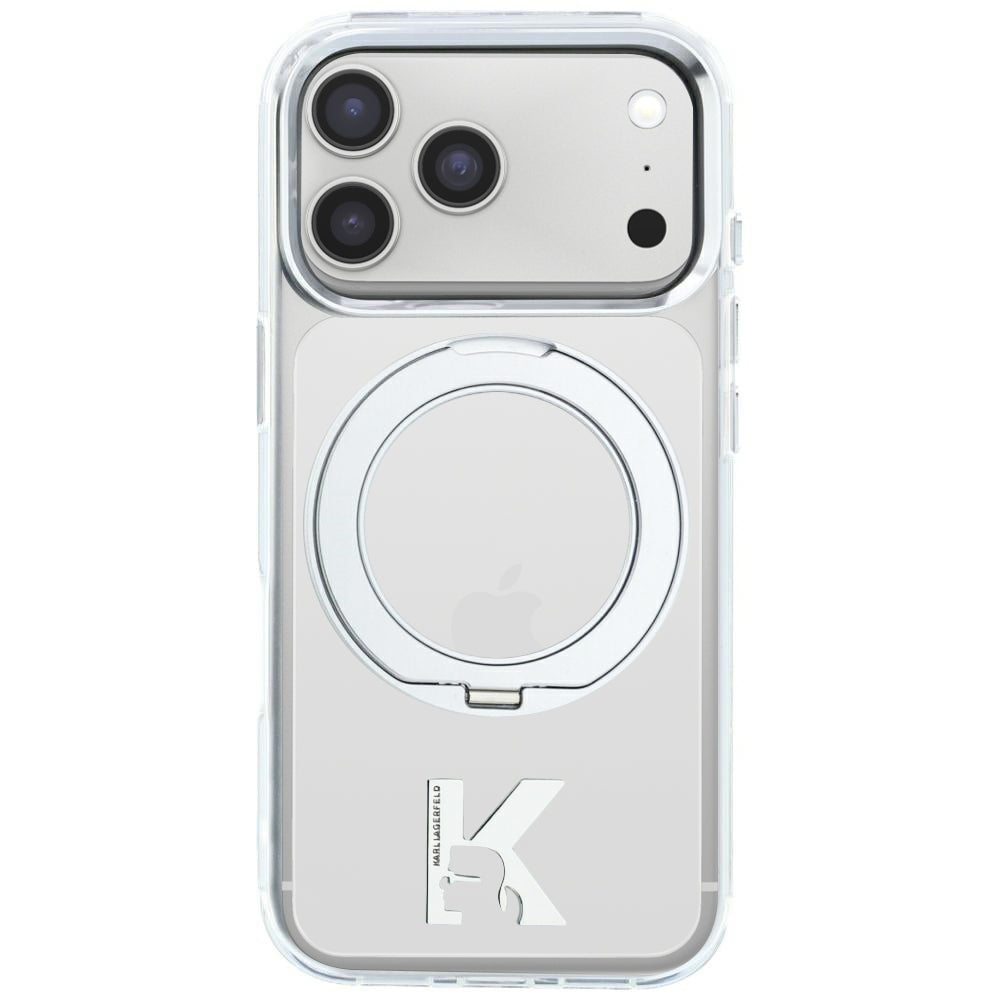 Husa MagSafe pentru Apple iPhone 18 Pro / 17 Pro, Karl Lagerfeld, IML Ring Stand Kameo Metal, Transparenta