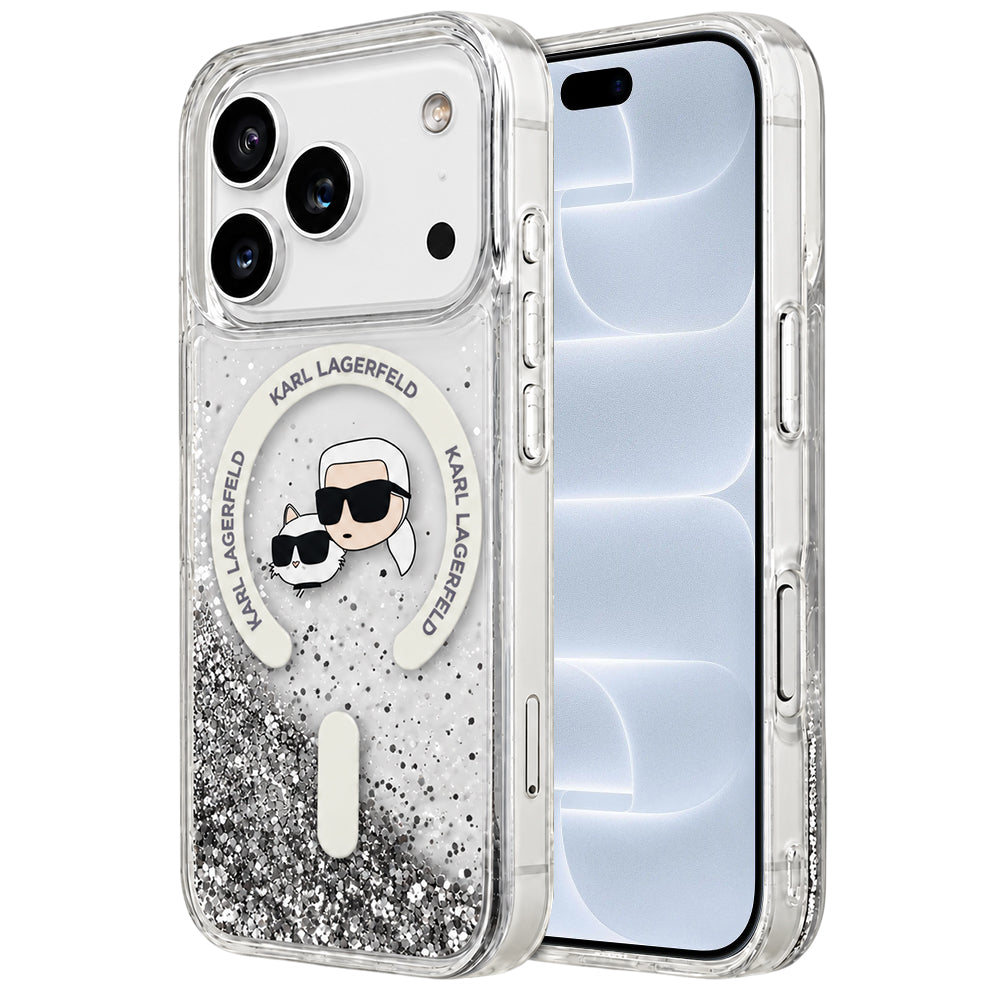 Husa MagSafe pentru Apple iPhone 18 Pro / 17 Pro, Karl Lagerfeld, Liquid Glitter Karl & Choupette Head's, Transparenta