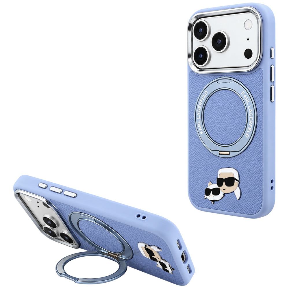 Husa MagSafe pentru Apple iPhone 18 Pro / 17 Pro, Karl Lagerfeld, Ring Stand 360 Karl & Choupette Pin, Bleu