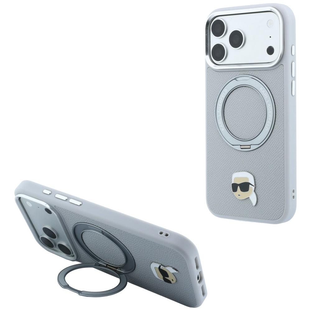 Husa MagSafe pentru Apple iPhone 18 Pro / 17 Pro, Karl Lagerfeld, Ring Stand 360 Karl Pin, Gri