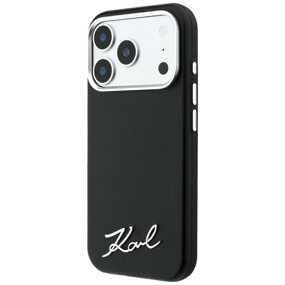 Husa MagSafe pentru Apple iPhone 18 Pro / 17 Pro, Karl Lagerfeld, Saffiano Small Script Metal Logo, Neagra