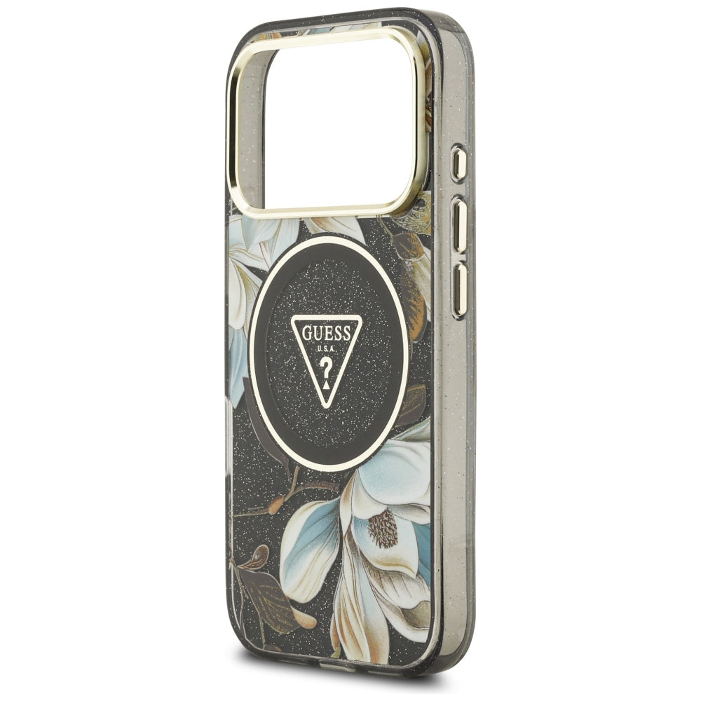 Husa MagSafe pentru Apple iPhone 18 Pro, Guess, IML Metal Glitter Flowers Triangle, Neagra