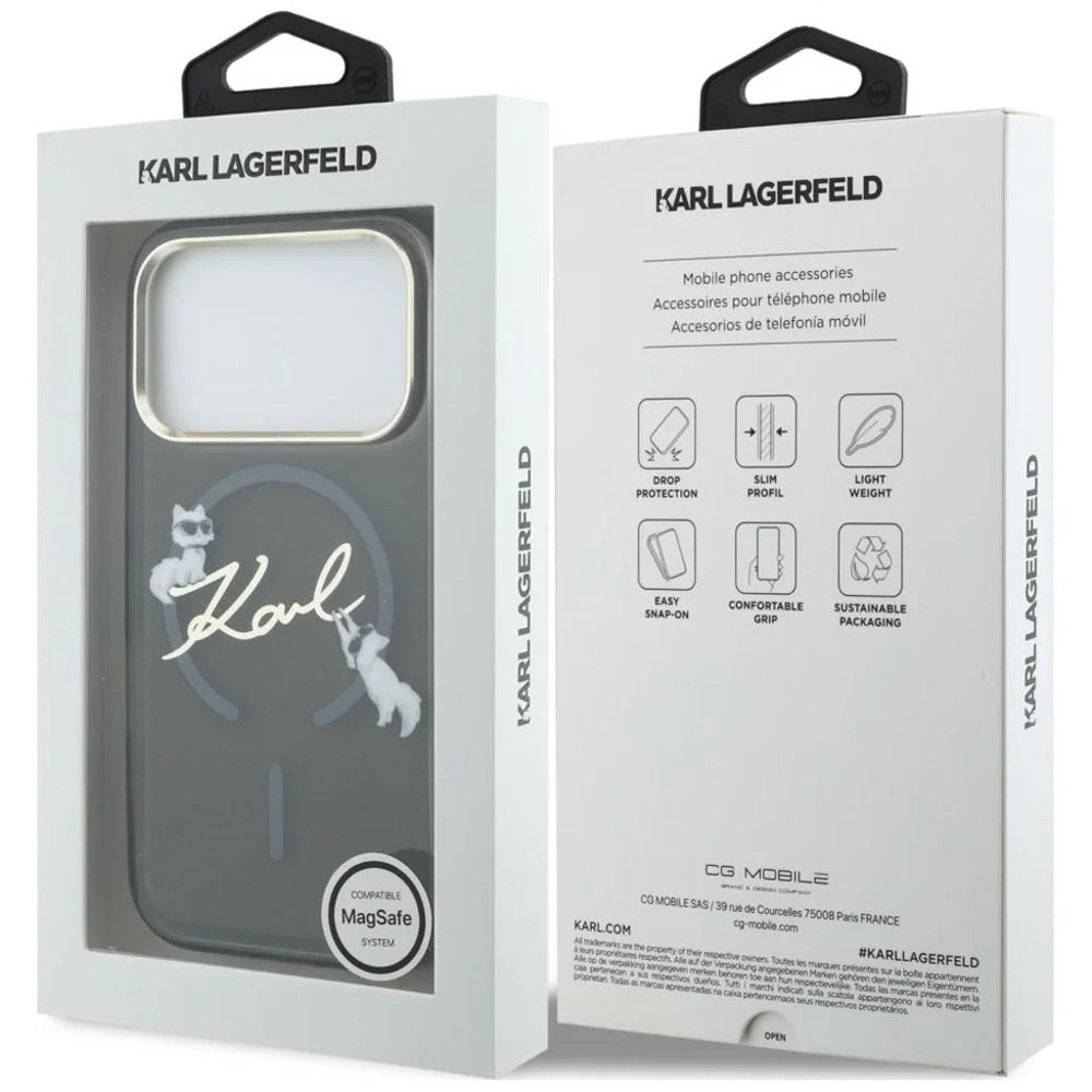 Husa MagSafe pentru Apple iPhone 18 Pro, Karl Lagerfeld, IML Choupette Karl Script Logo, Neagra