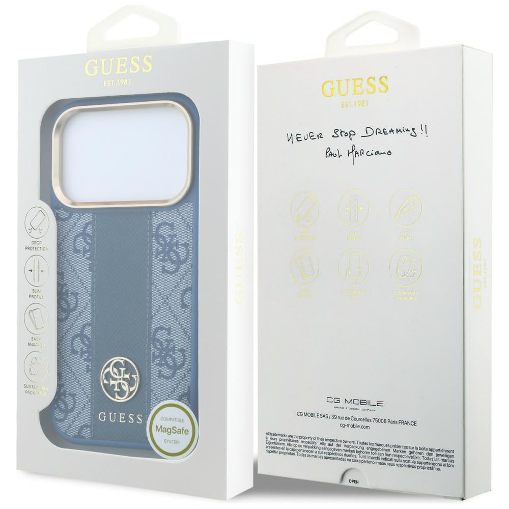 Husa MagSafe pentru Apple iPhone 18 Pro Max / 17 Pro Max, Guess, 4G Stripe Round Classic Logo, Albastra