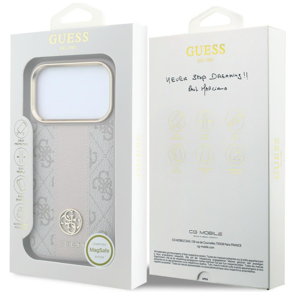 Husa MagSafe pentru Apple iPhone 18 Pro Max / 17 Pro Max, Guess, 4G Stripe Round Classic Logo, Roz