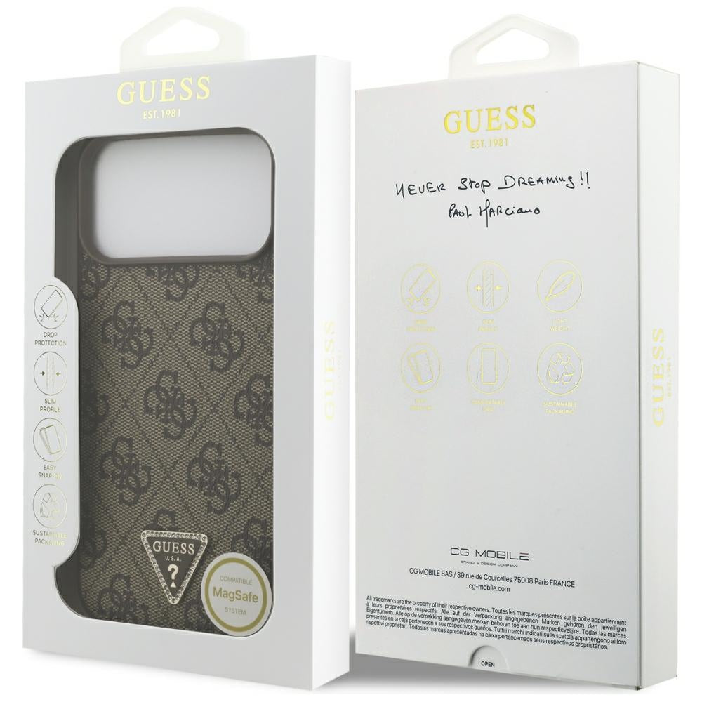 Husa MagSafe pentru Apple iPhone 18 Pro Max / 17 Pro Max, Guess, 4G Triangle Strass, Maro