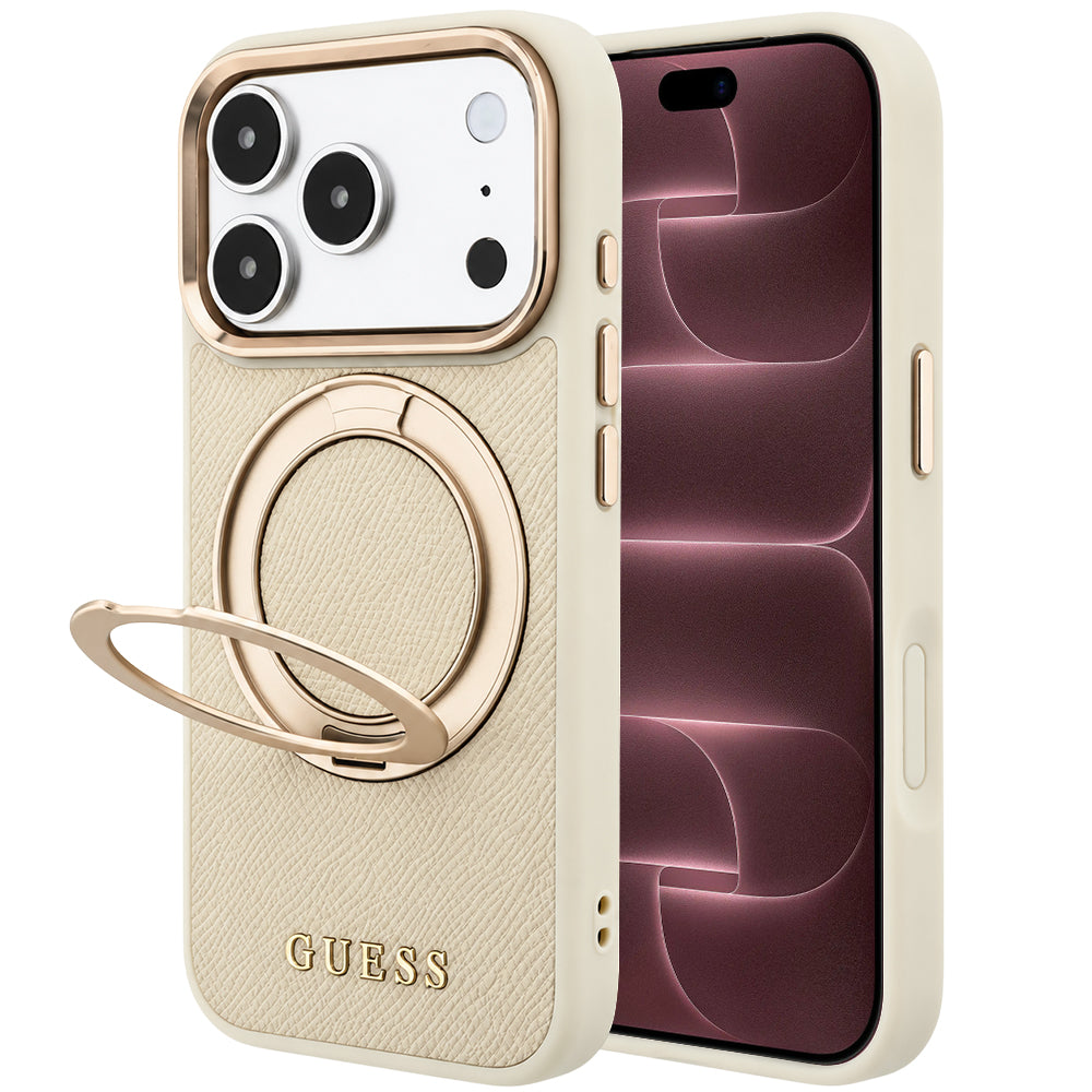 Husa MagSafe pentru Apple iPhone 18 Pro Max / 17 Pro Max, Guess, Grained Ring Stand 360 Classic, Bej
