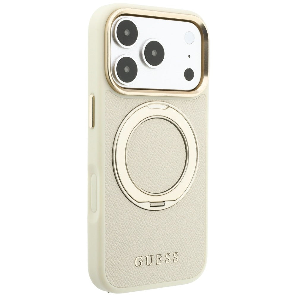 Husa MagSafe pentru Apple iPhone 18 Pro Max / 17 Pro Max, Guess, Grained Ring Stand 360 Classic, Bej