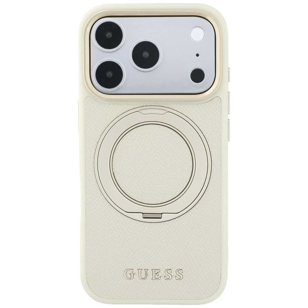 Husa MagSafe pentru Apple iPhone 18 Pro Max / 17 Pro Max, Guess, Grained Ring Stand 360 Classic, Bej