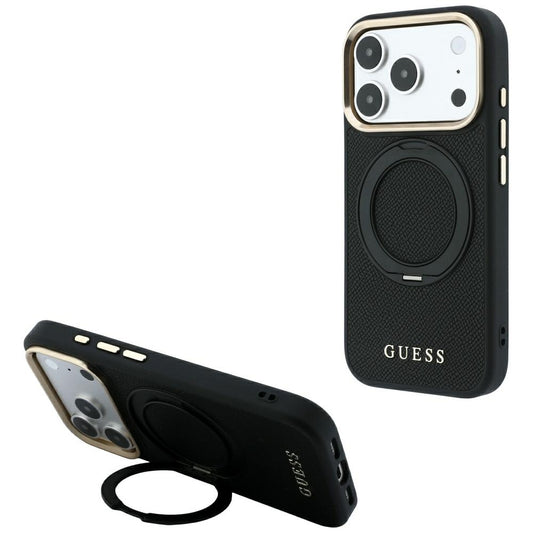 Husa MagSafe pentru Apple iPhone 18 Pro Max / 17 Pro Max, Guess, Grained Ring Stand 360 Classic, Neagra