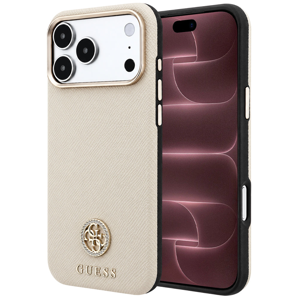 Husa MagSafe pentru Apple iPhone 18 Pro Max / 17 Pro Max, Guess, Grained Round Strass Logo, Bej