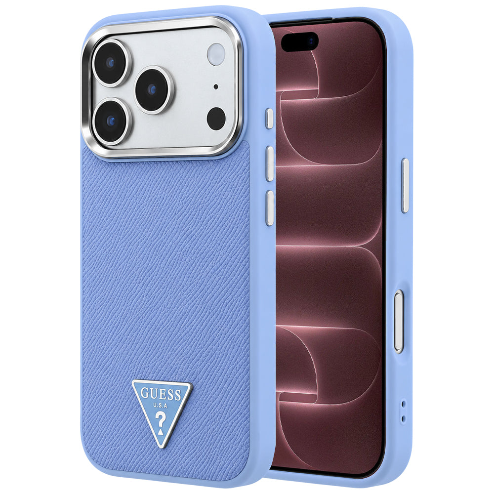 Husa MagSafe pentru Apple iPhone 18 Pro Max / 17 Pro Max, Guess, Grained Triangle Logo, Bleu