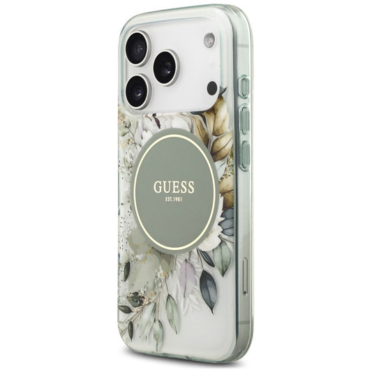 Husa MagSafe pentru Apple iPhone 18 Pro Max / 17 Pro Max, Guess, IML Flower & Tonal Circle, Verde