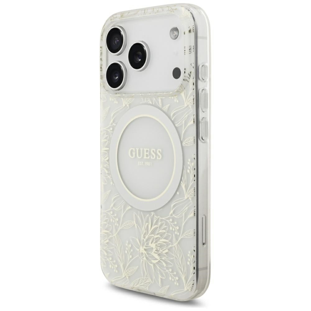 Husa MagSafe pentru Apple iPhone 18 Pro Max / 17 Pro Max, Guess, IML Flowers Electroplated with Pearl Strap, Alba