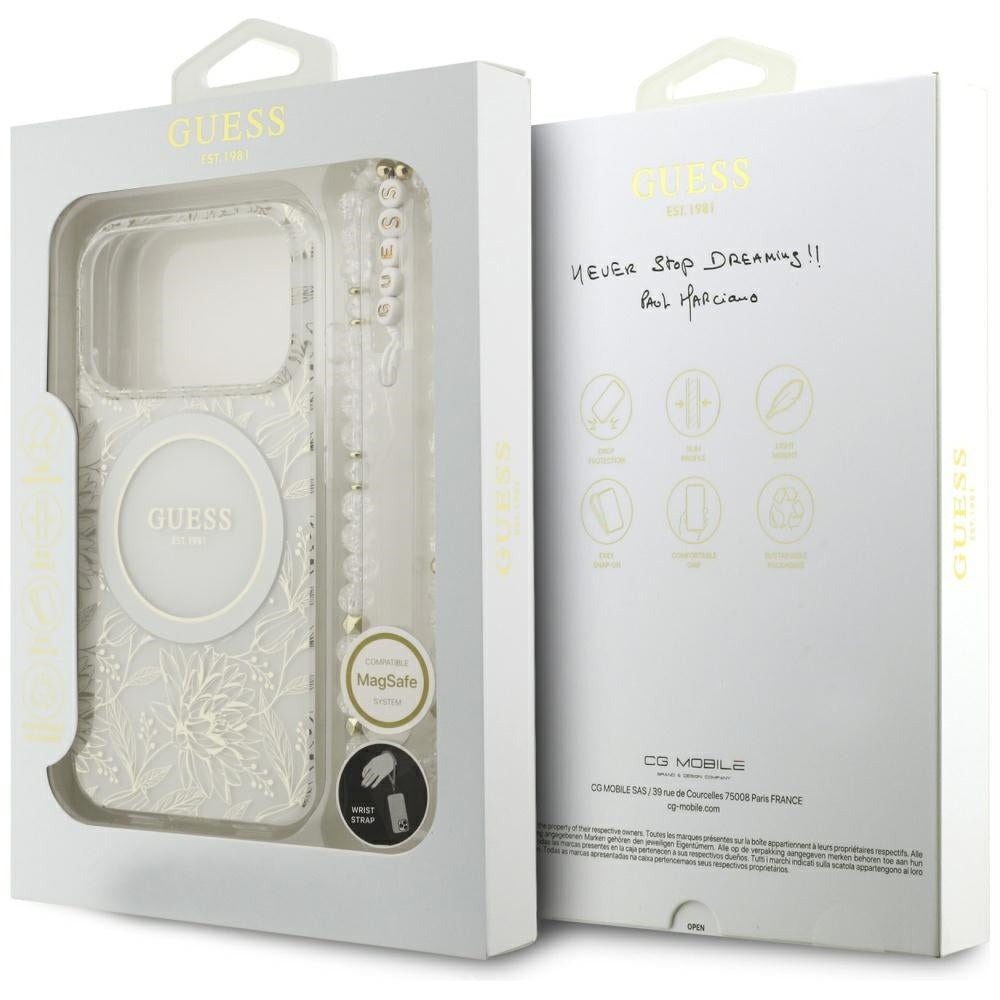 Husa MagSafe pentru Apple iPhone 18 Pro Max / 17 Pro Max, Guess, IML Flowers Electroplated with Pearl Strap, Alba