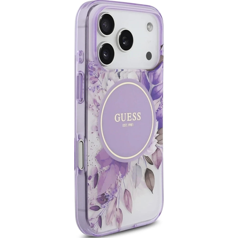 Husa MagSafe pentru Apple iPhone 18 Pro Max / 17 Pro Max, Guess, IML Flowers with Pearl Strap, Mov