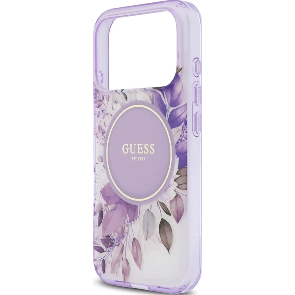 Husa MagSafe pentru Apple iPhone 18 Pro Max / 17 Pro Max, Guess, IML Flowers with Pearl Strap, Mov