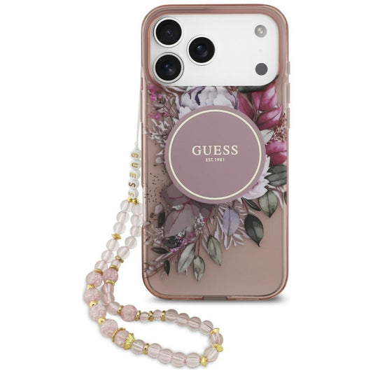 Husa MagSafe pentru Apple iPhone 18 Pro Max / 17 Pro Max, Guess, IML Flowers with Pearl Strap, Roz