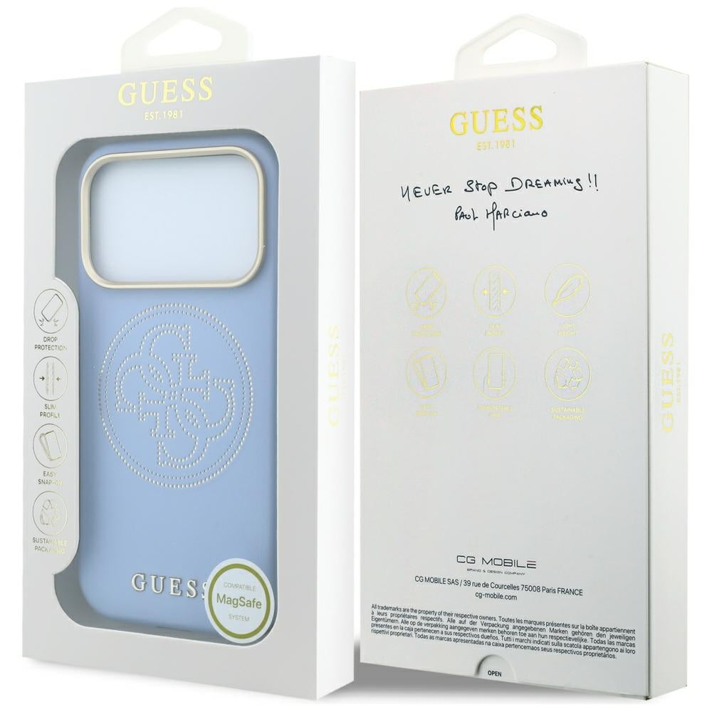 Husa MagSafe pentru Apple iPhone 18 Pro Max / 17 Pro Max, Guess, Perforated 4G, Bleu