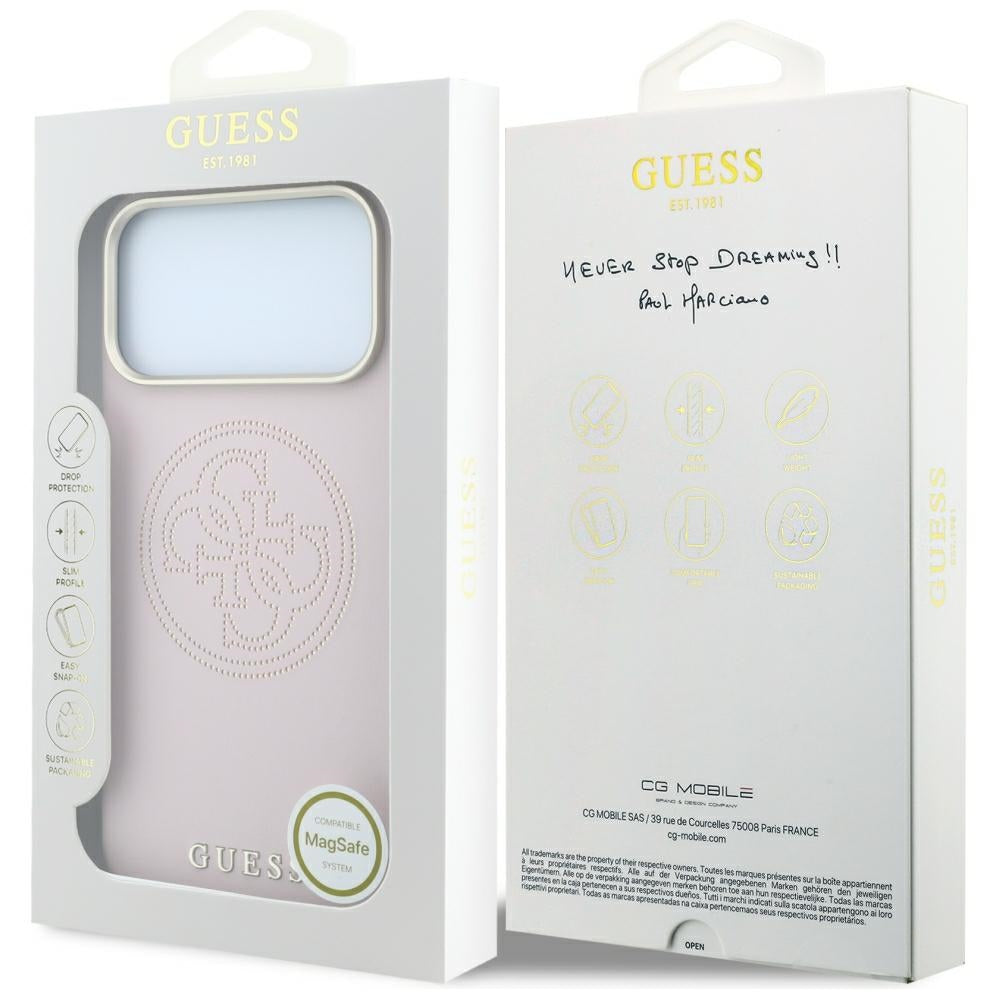 Husa MagSafe pentru Apple iPhone 18 Pro Max / 17 Pro Max, Guess, Perforated 4G, Roz