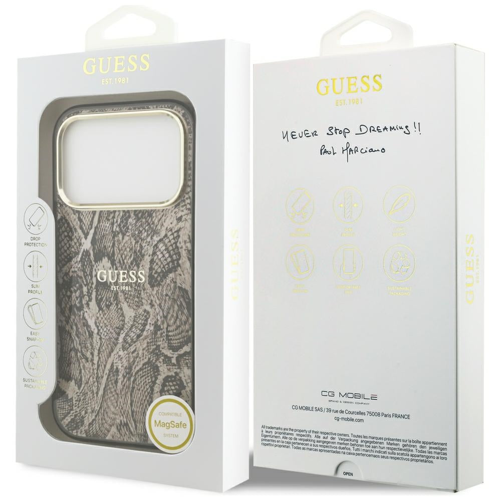 Husa MagSafe pentru Apple iPhone 18 Pro Max / 17 Pro Max, Guess, Python Pattern, Maro