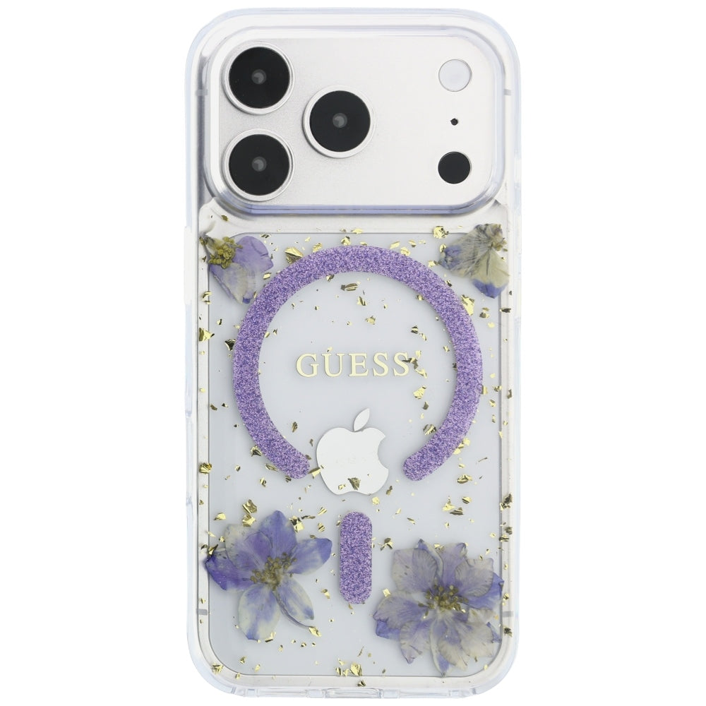 Husa MagSafe pentru Apple iPhone 18 Pro Max / 17 Pro Max, Guess, Resin Flowers and Glitter, Mov