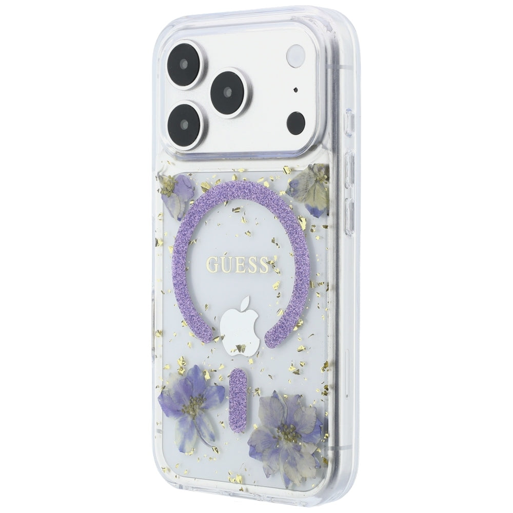 Husa MagSafe pentru Apple iPhone 18 Pro Max / 17 Pro Max, Guess, Resin Flowers and Glitter, Mov