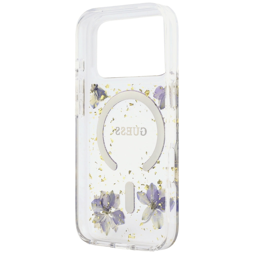 Husa MagSafe pentru Apple iPhone 18 Pro Max / 17 Pro Max, Guess, Resin Flowers and Glitter, Mov