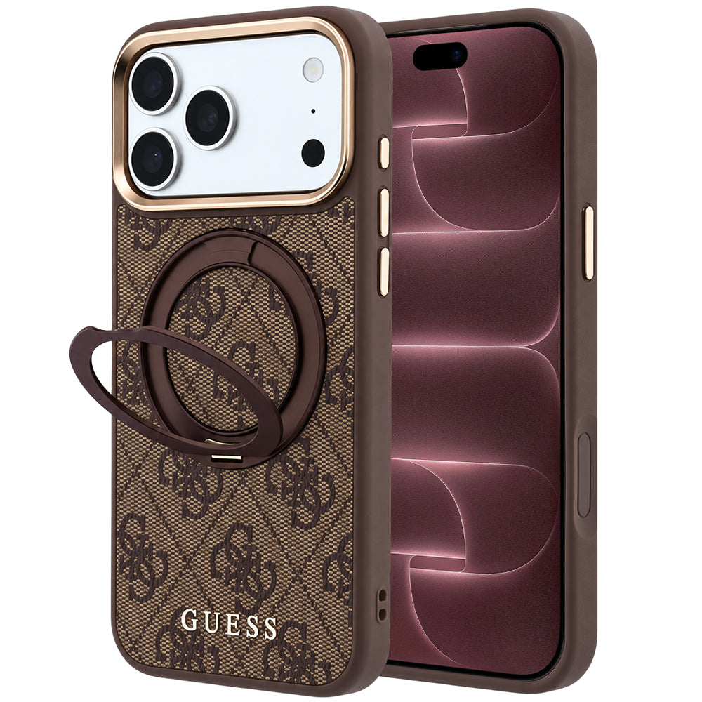 Husa MagSafe pentru Apple iPhone 18 Pro Max / 17 Pro Max, Guess, Ring Stand 360 4G Classic Logo, Maro