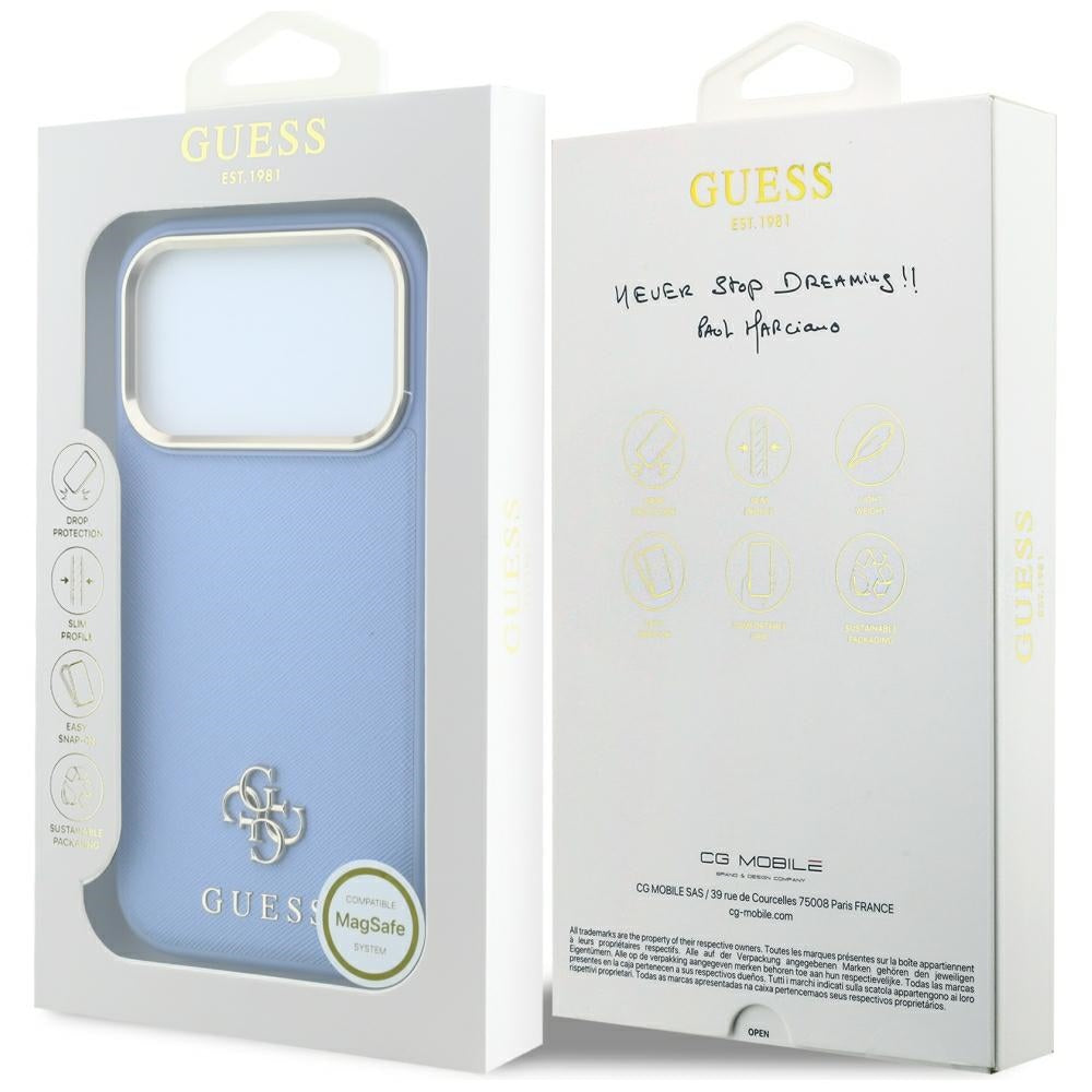 Husa MagSafe pentru Apple iPhone 18 Pro Max / 17 Pro Max, Guess, Saffiano Small 4G Classic, Bleu