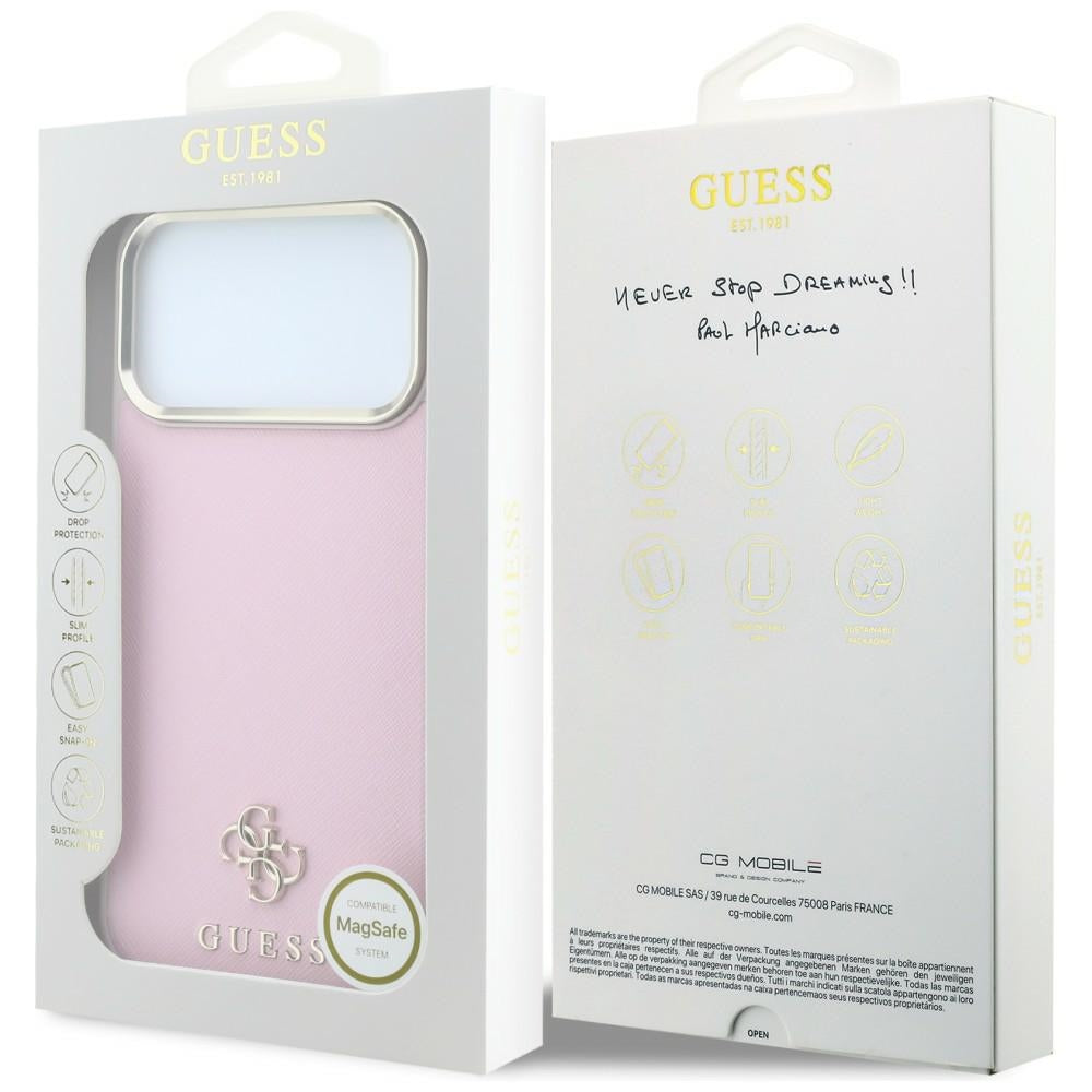 Husa MagSafe pentru Apple iPhone 18 Pro Max / 17 Pro Max, Guess, Saffiano Small 4G Classic, Roz