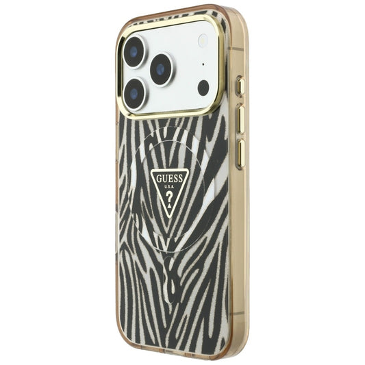 Husa MagSafe pentru Apple iPhone 18 Pro Max / 17 Pro Max, Guess, Zebra Glitter Triangle Logo, Aurie