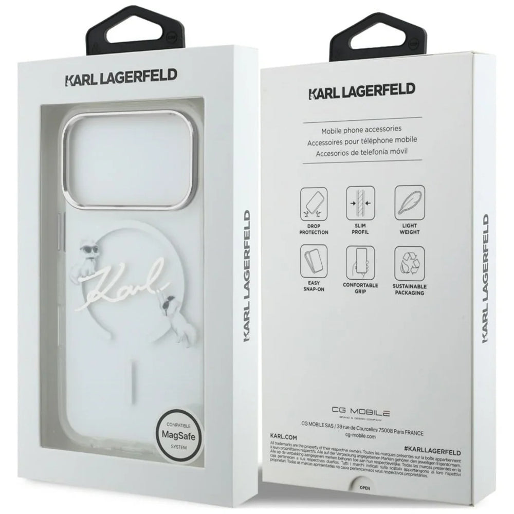 Husa MagSafe pentru Apple iPhone 18 Pro Max / 17 Pro Max, Karl Lagerfeld, IML Choupette Karl Script Logo, Transparenta