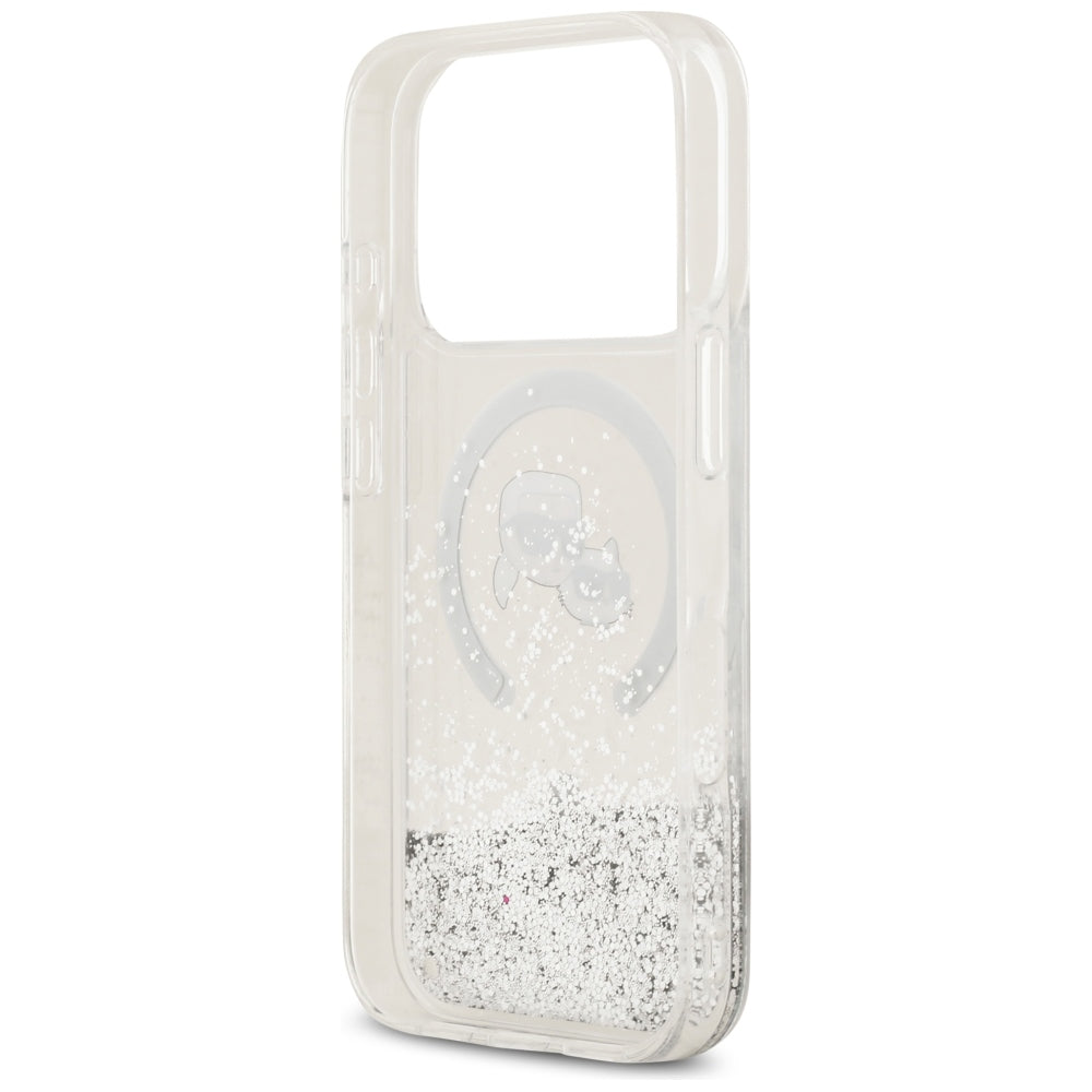 Husa MagSafe pentru Apple iPhone 18 Pro Max / 17 Pro Max, Karl Lagerfeld, Liquid Glitter Karl & Choupette Head's, Transparenta