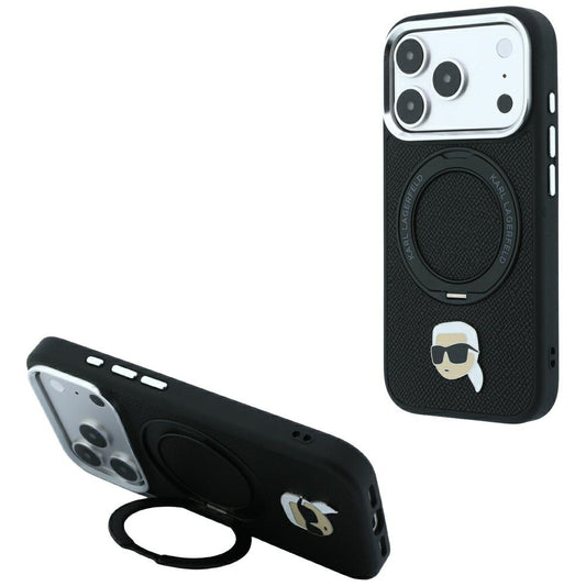 Husa MagSafe pentru Apple iPhone 18 Pro Max / 17 Pro Max, Karl Lagerfeld, Ring Stand 360 Karl Pin, Neagra