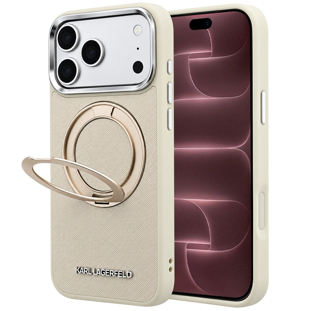 Husa MagSafe pentru Apple iPhone 18 Pro Max / 17 Pro Max, Karl Lagerfeld, Ring Stand 360 Saffiano, Bej