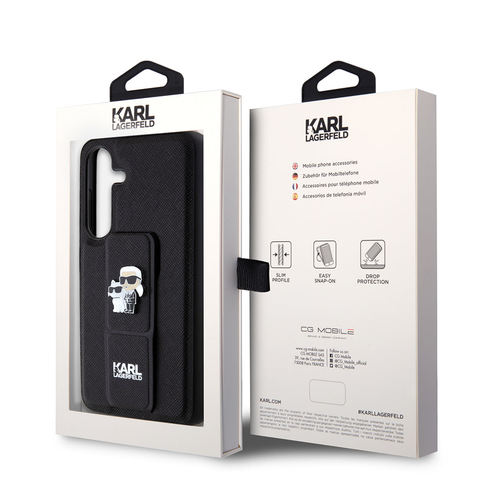 Husa MagSafe pentru Samsung Galaxy S24 S921, Karl Lagerfeld, Saffiano Gripstand Karl & Choupette, Neagra