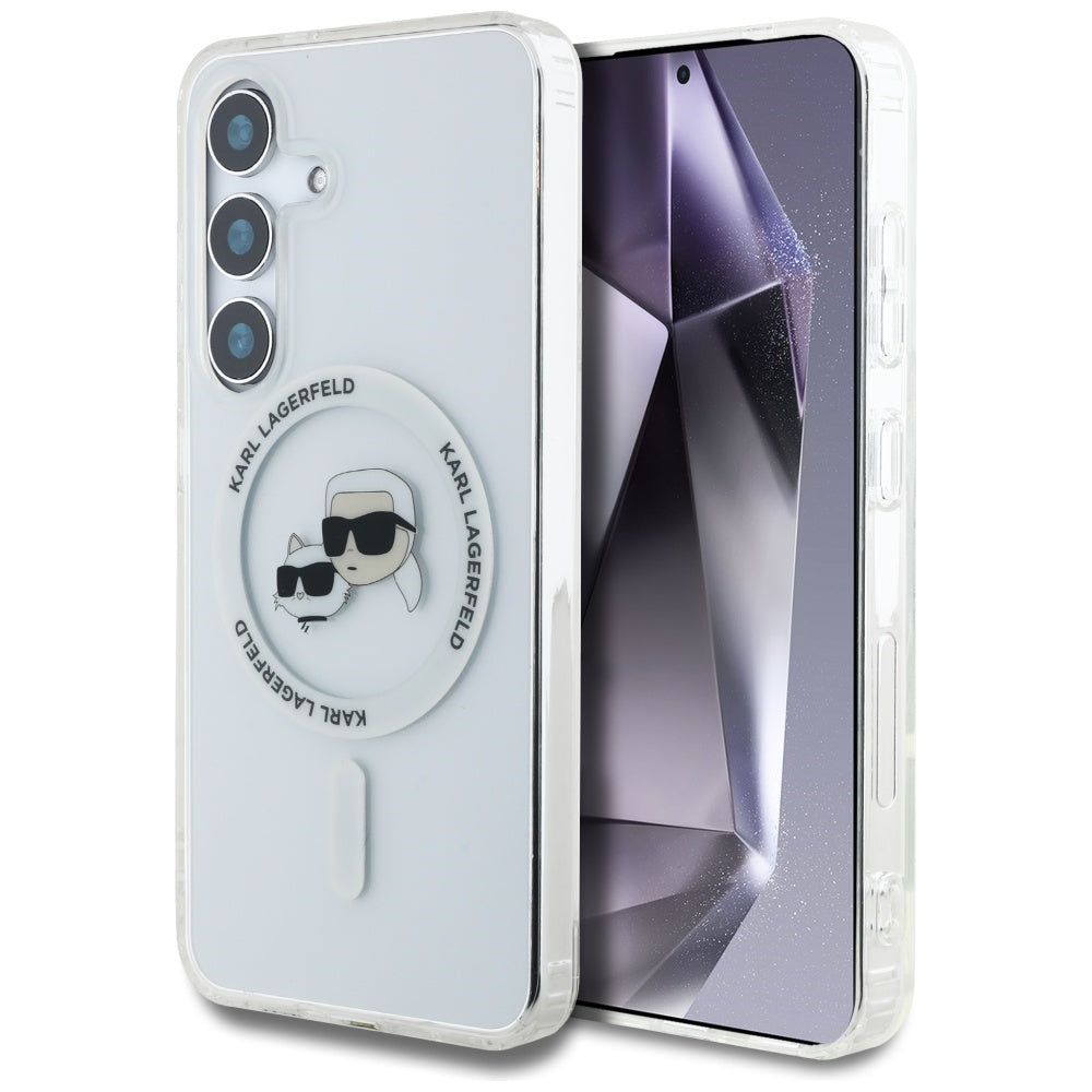 Husa MagSafe pentru Samsung Galaxy S25+ S936, Karl Lagerfeld, IML Metal Karl & Choupette's Heads, Argintie