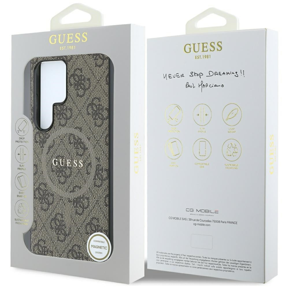 Husa MagSafe pentru Samsung Galaxy S25 Ultra S938, Guess, 4G Ring Classic Logo, Maro