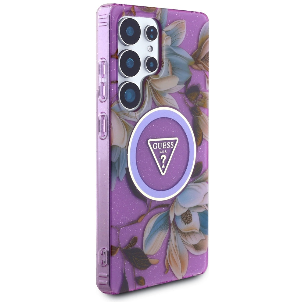 Husa MagSafe pentru Samsung Galaxy S25 Ultra S938, Guess, IML Metal Glitter Flowers Triangle, Mov