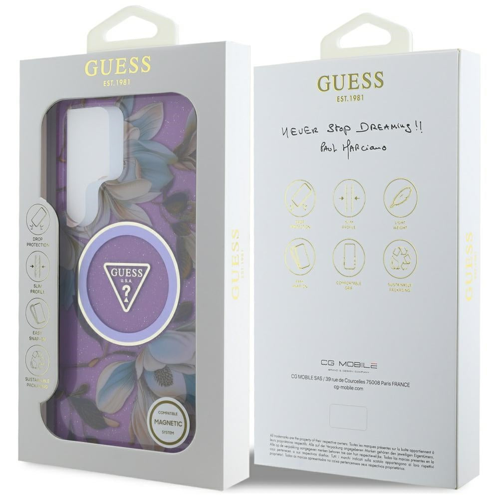 Husa MagSafe pentru Samsung Galaxy S25 Ultra S938, Guess, IML Metal Glitter Flowers Triangle, Mov