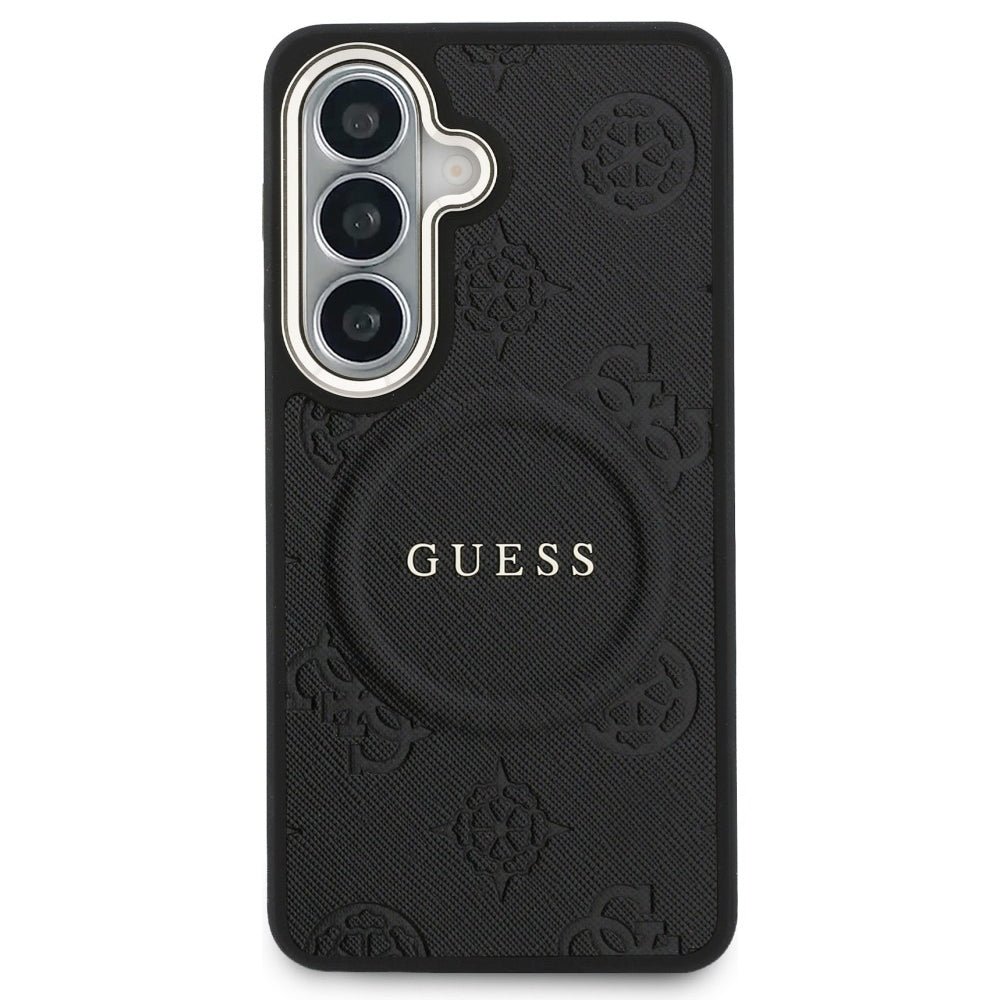 Husa MagSafe pentru Samsung Galaxy S26 S942, Guess, Saffiano Peony Embossed Ring, Neagra