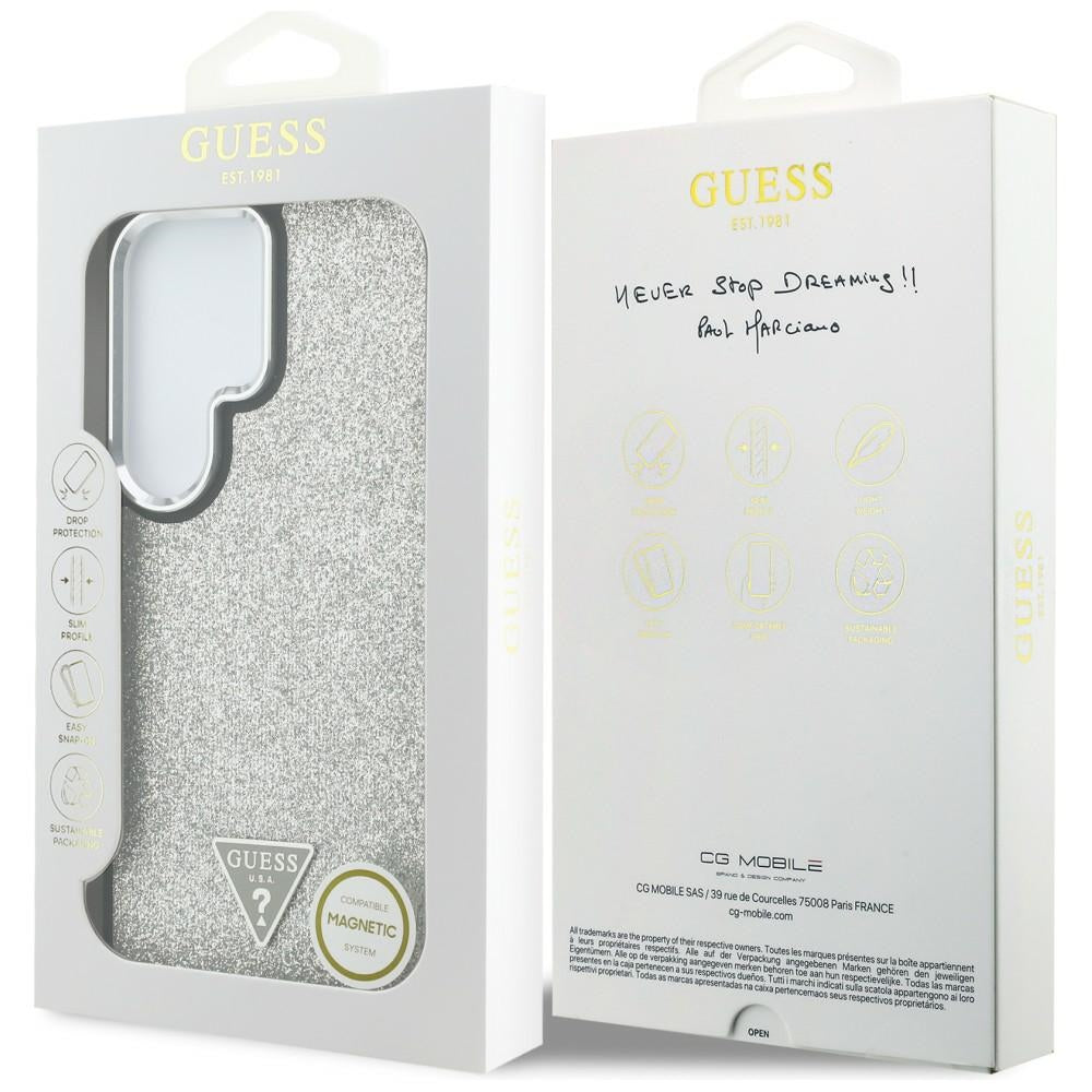 Husa MagSafe pentru Samsung Galaxy S26 Ultra S948, Guess, Fixed Glitter Triangle Logo, Argintie