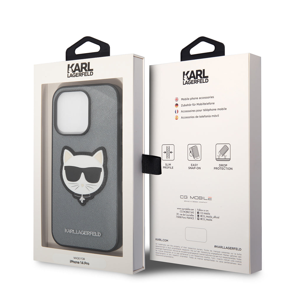 Husa pentru Apple iPhone 14, Karl Lagerfeld, Saffiano Choupette's Head, Argintie