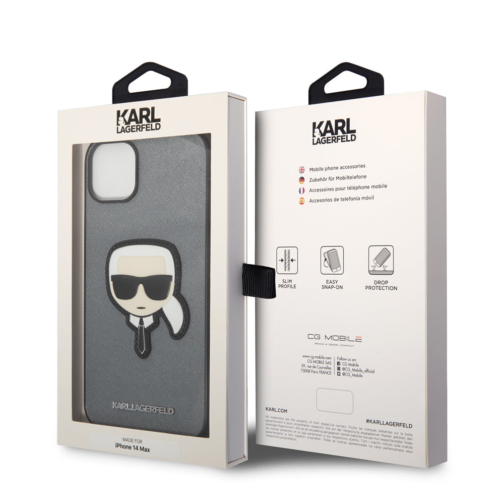 Husa pentru Apple iPhone 14 Plus, Karl Lagerfeld, Saffiano Karl's Head, Argintie