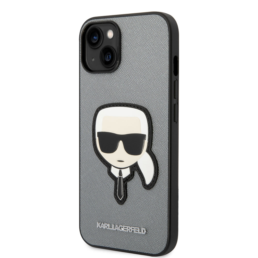 Husa pentru Apple iPhone 14 Plus, Karl Lagerfeld, Saffiano Karl's Head, Argintie