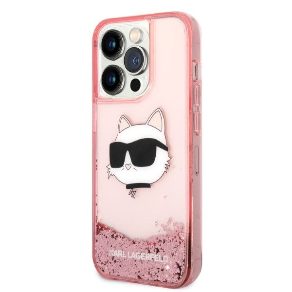 Husa pentru Apple iPhone 14 Pro, Karl Lagerfeld, Glitter Choupette's Head, Roz