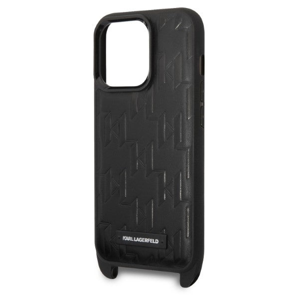 Husa pentru Apple iPhone 14 Pro, Karl Lagerfeld, Monogram Plaque Logo with Strap, Neagra